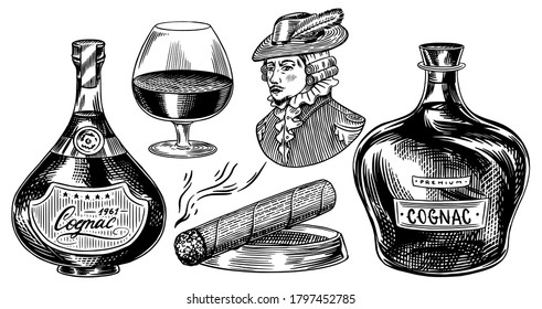 Cognac bottles. Glass goblet, cigar and gentleman or duke. Engraved hand drawn vintage sketch. Woodcut style. Vector illustration for menu or poster.