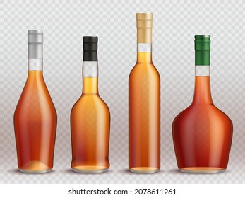 Cognac bottles. Realistic transparent containers for liquid alcohol drinks liquor whiskey brandy tequila wine for irish party pub decent vector set