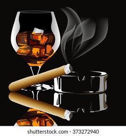 Cognac and cigar with smoke