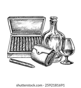 Cognac, expensive cigarettes and a purse full of money. A hand-drawn vector graphic illustration. Black and white image with a men s theme. For banners, flyers and packages, invitations, posters.