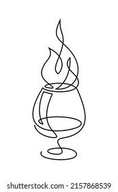 Cognac glass with fire in continuous line art drawing style. Hot drink in brandy snifter black linear design isolated on white background. Vector illustration