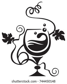 A cognac glass with cognac and grapevine. Vector illustration.