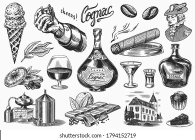 Cognac and hand with glass, bottles with labels, cigar and cocktail, sweets and farm, chocolate and man. Engraved hand drawn vintage sketch. Woodcut style. Vector illustration for menu or poster.