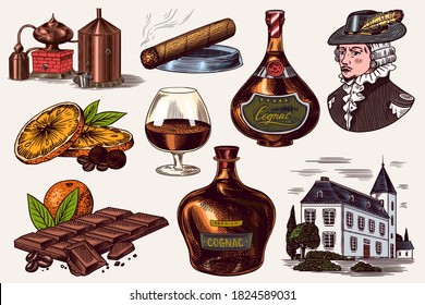 Cognac and hand with glass, bottles with labels, cigar and cocktail, sweets and farm, chocolate and man. Engraved hand drawn vintage sketch. Woodcut style. Vector illustration for menu or poster.