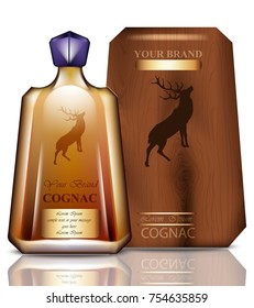 Cognac original bottle packaging design Vector. Realistic product with brand vintage label. Place for text
