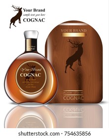 Cognac Packaging Design Vector. Realistic Product With Brand Vintage Label. Place For Text