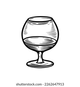 Cognac or whiskey glass hand drawn black color engraving retro style vector art.