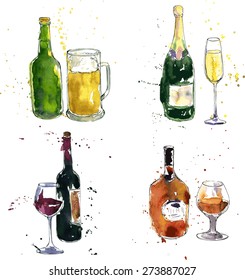 cognac,beer,champagne,wine bottle and glass, drawing by watercolor and ink, hand drawn vector illustration