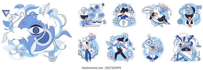 Cognition. A collection of creative scenes highlighting various cognitive processes and problem-solving activities. Ideal for learning, creativity, innovation, problem-solving, brainstorming