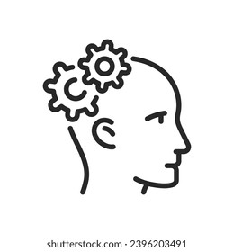 Cognition Functions Icon. Thin Linear Sing of Brain with Gears Representing Mental Processes and Cognitive Mechanics. Isolated Outline Vector Sign.