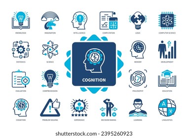 Cognition icon set. Learning, Imagination, Experience, Knowledge, Philosophy, Development, Memory, Problem Solving. Duotone color solid icons