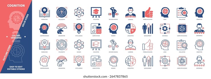 Cognition icon set. Learning, Imagination, Experience, Knowledge, Philosophy, Development, Memory, Problem Solving. Duotone color solid and editable outline icons