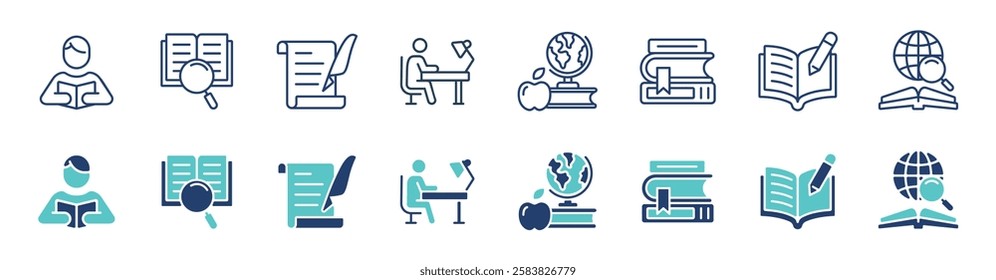 cognition research knowledge icon line set education journal study literature learning innovation read book library signs vector illustration