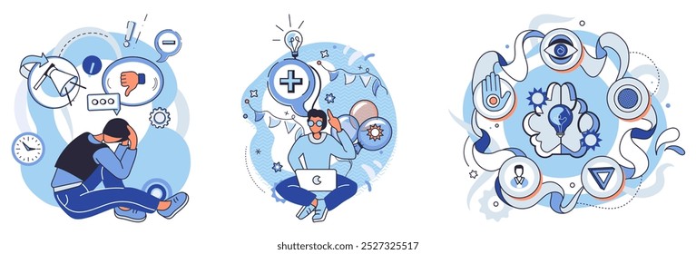 Cognition. Three adjacent visual scenes capture a man wrestling with anxiety, discovering positive mental health strategies, and ultimately achieving mental clarity. Ideal for mental health