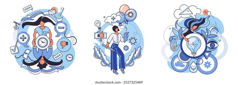 Cognition. Three diagrams representing time management, creative thinking and innovation include clocks, speech bubbles and gears in white, blue and orange. Ideal for productivity, brainstorming