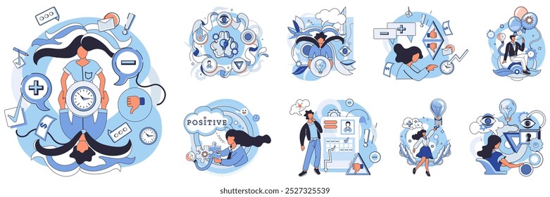 Cognition. Various scenes display individuals engaging in activities that foster positive thinking and problem-solving skills with graphic elements representing time and health. Ideal for mental