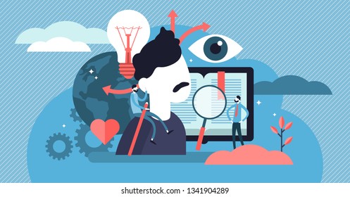 Cognition vector illustration. Flat tiny mental learning persons concept. Symbolic information knowledge study. Abstract brain development and intellect growth. Mind experience understanding process.