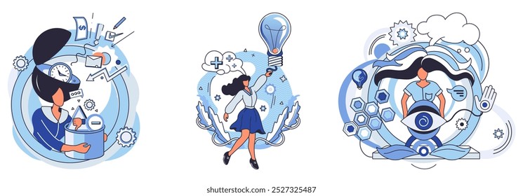 Cognition. A woman multitasking with various documents and gears, another woman innovating with a light bulb, and an individual exploring futuristic concepts. Ideal for productivity, creativity