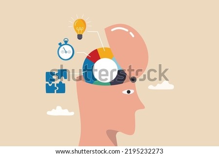 Cognitive ability skill to think and process solution or idea to solve problem in timely manner, intelligence, knowledge or aptitude test, human head brain with pie chart of idea, solution and time.