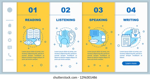 Cognitive activities onboarding mobile app page screen vector template. Reading, speaking, listening, writing walkthrough steps with linear illustrations. UX, UI, GUI smartphone interface concept