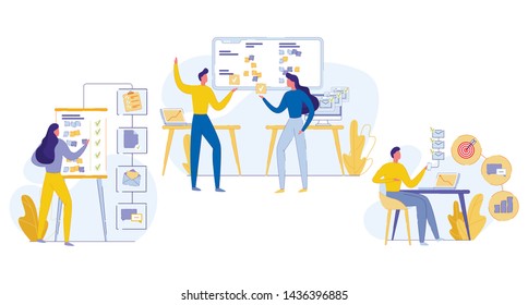 Cognitive Banner Teamwork Task Execution Flat. Successful Time Management. Man Reads Mail and Reaches Goals. Daily Office Life Employees Company. Vector Illustration on White Background.