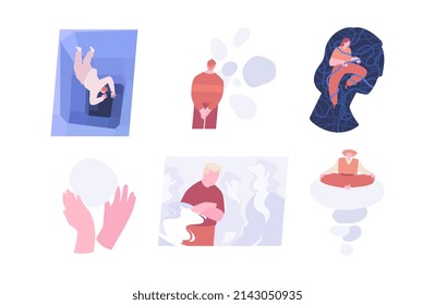 Cognitive behavioral psychotherapy. Mental health. The woman is meditating. A person is in a calm. Self-care and mindfulness. Man experiences derealization. A little woman is inside a huge head. Man