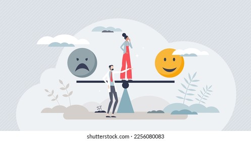 Cognitive behavioral therapy or CBT for dual feelings and emotional disorders tiny person concept. Balance for depression or happy mindset with professional psychological treatment vector illustration