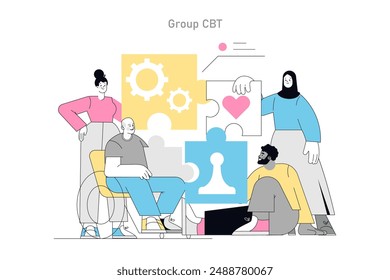 Concepto de terapia cognitivo conductual. Diversos individuos participan en el grupo CBT, alineando piezas del rompecabezas que simbolizan la integración emocional. Ilustración vectorial.