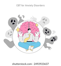 Cognitive Behavioral Therapy concept. Illustration of a person meditating, symbolizing mental health management amidst anxiety symbols. Mindfulness against stress. Vector illustration.