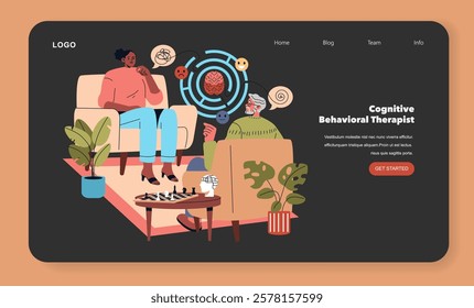 Cognitive Behavioral Therapy concept. A patient interacts with a therapist discussing emotions, thought patterns, and mental well-being. Vector illustration.