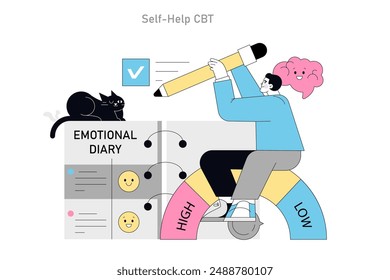 Concepto de terapia cognitivo conductual. Persona que participa en la TCC de autoayuda con un diario emocional, evaluando los cambios de sentimiento. Estrategias de mejora de la salud mental. Ilustración vectorial.