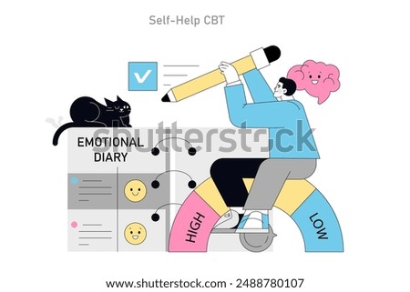 Cognitive Behavioral Therapy concept. Person engaging in self-help CBT with an emotional diary, evaluating mood changes. Mental health improvement strategies. Vector illustration.