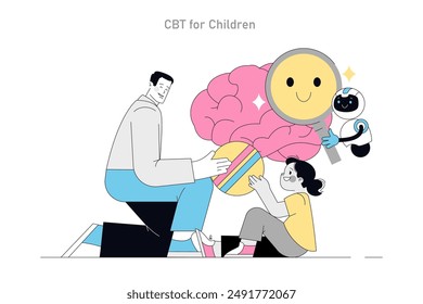 Cognitive Behavioral Therapy concept. Therapist engaging in a playful activity with a child, symbolizing positive mindset shaping. Vector illustration.