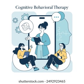 Cognitive Behavioral Therapy concept. Therapist guiding patients through mental health strategies via technology. Modern treatment approach. Vector illustration.