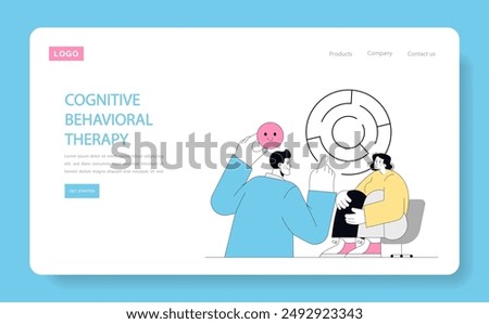 Cognitive Behavioral Therapy concept. Therapist and patient engage in positive mental health practices. Psychologist assists in emotional well-being. Vector illustration.