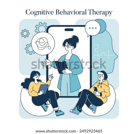 Cognitive Behavioral Therapy concept. Therapist guiding patients through mental health strategies via technology. Modern treatment approach. Vector illustration.