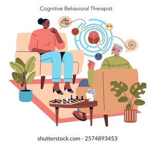 Cognitive Behavioral Therapy concept. A thoughtful patient interacts with a therapist amidst symbolic mental health elements. Personal growth in a serene setting. Vector illustration.