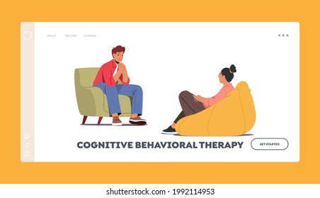 Cognitive Behavioral Therapy Landing Page Template. Depressed Man at Psychologist Appointment for Professional Help. Doctor Character Talking with Problem Patient. Cartoon People Vector Illustration