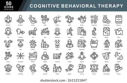 Cognitive Behavioral Therapy outline icon set focused on relaxation, routine, mindfulness, sleep hygiene, and emotional wellness. Ideal for mental health, therapy, and wellness design projects.
