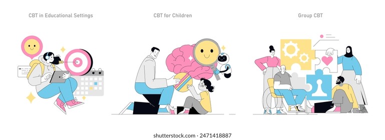 Terapia cognitivo-conductual. Exploración de la aplicación de la TCC en la educación, la infancia y las Configuraciones grupales. Conceptos de Asistencia de salud mental. Ilustración vectorial.