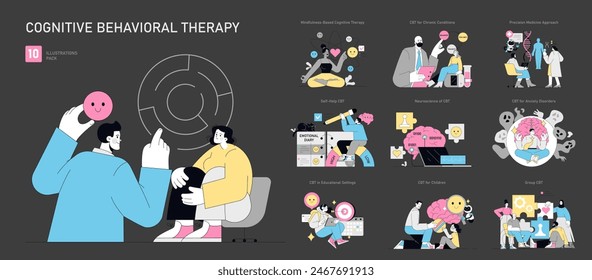 Terapia cognitivo-conductual. Ilustraciones que describen diversos aspectos de la TCC, como la autoayuda, la atención plena y la terapia de grupo. Guía visual para tratamientos de salud mental. Ilustración vectorial.