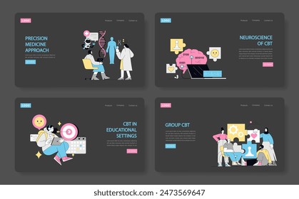 Cognitive Behavioral Therapy set. Personalized treatment, neuroscience study, academic learning, and collaborative group sessions. Vector illustration.