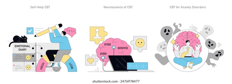 Cognitive Behavioral Therapy set. Self-help strategies, neuroscience insights, and anxiety disorder management. Supporting mental wellness through CBT practices. Vector illustration.