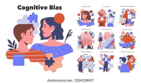 Conceito de viés cognitivo. Explorar a psicologia humana e falhas de tomada de decisão através de vários cenários. Metáfora de quebra-cabeças, dinâmica de grupo e inteligência emocional. Ilustração vetorial.