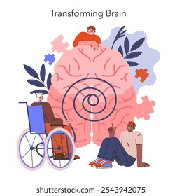 Cognitive Bias concept. Illustration of individuals interacting with a large brain, representing thought processes and mental transformation. Vector illustration.