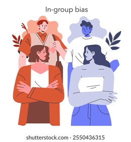 Cognitive Bias concept. Illustration presenting in-group bias with diverse characters displaying preference for their group. Social psychology and behavior. Vector illustration.