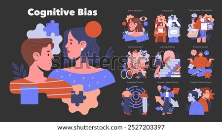 Cognitive Bias concept. Illustration representing various cognitive biases in decision-making and perception. Human psychology, learning process, and emotional regulation. Vector illustration.