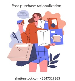 Cognitive Bias concept. Illustration of a shopper rationalizing overabundance of purchases with necessity. Consumer psychology and behavior in spending. Vector illustration.