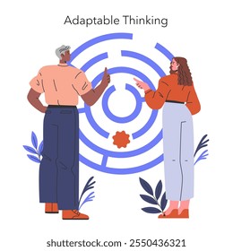 Conceito de viés cognitivo. Ilustração de duas pessoas se envolvendo em pensamento adaptável com fundo abstrato. Solução de problemas, discussão estratégica. Ilustração vetorial.