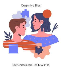 Cognitive Bias concept. Man and woman with puzzle pieces illustrating mental distortions. Perception, judgment, decision making challenges. Vector illustration.